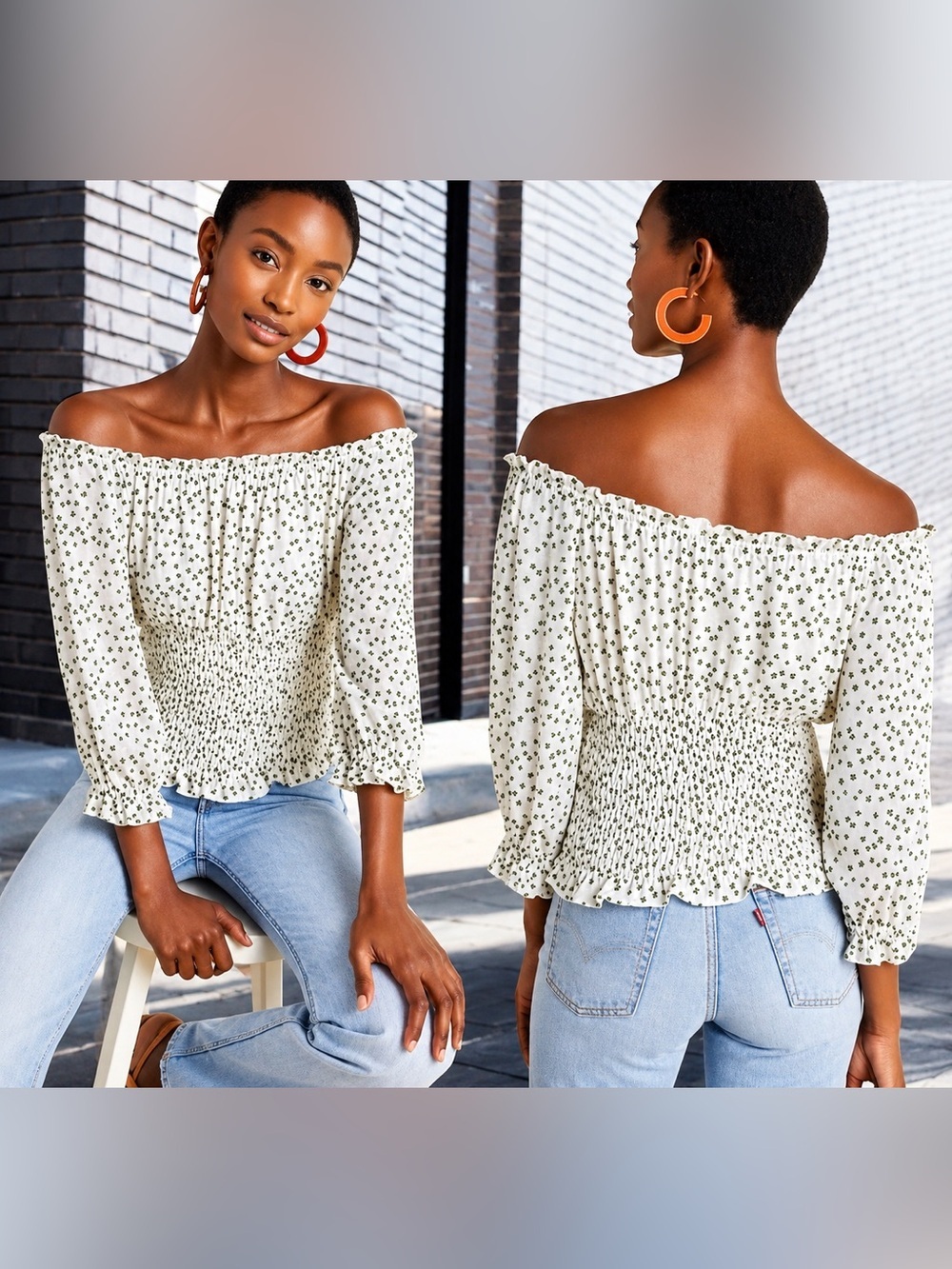 Anthropologie Lucia Smocked Waist Off the Shoulder Blouse Sz XS